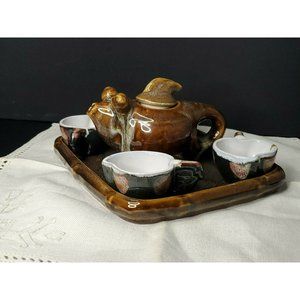 Dark Brown Pottery Tea Pot with Cups,